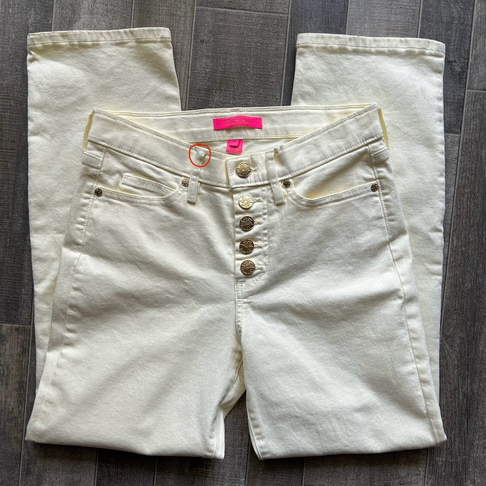 LILLY PULITZER SOUTH OCEAN HIGH RISE BUTTON FLY JEANS, LEMON MERINGUE YELLOW 2 - Picture 6 of 9